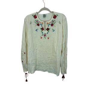 Due Per Due Long Sleeved Embroidered Hungarian Peasant Boho Top Blouse Linen 16